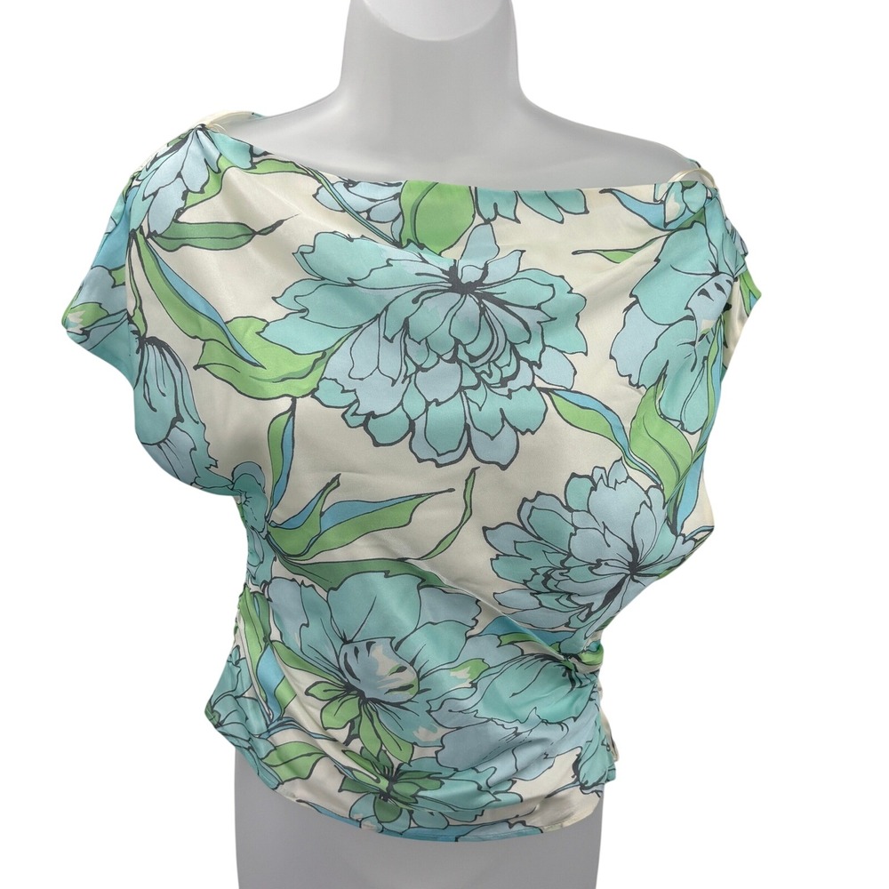 Lavender Brown Blue Green Floral Satin Draped Cowl Neck Blouse Top Womens XS